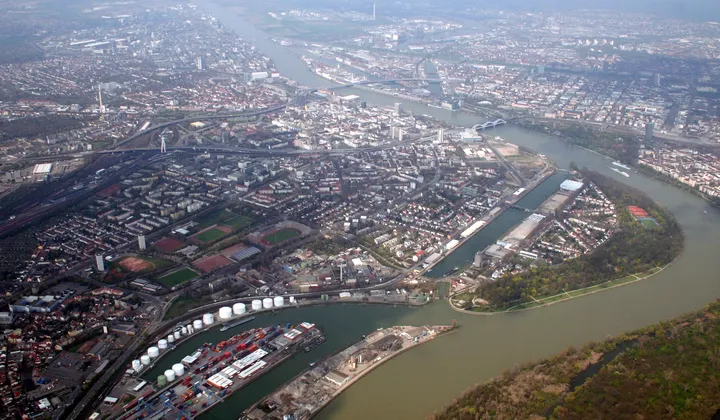 Aerial view across central Ludwigshafen